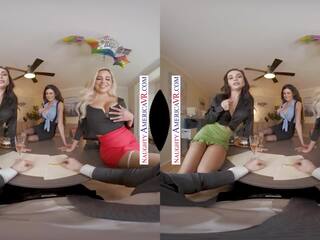 Naughty America - flirty babes take care of their boss by giving him some three-way action!