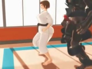 Hentai karate mädchen würgen auf ein massiv schwanz im 3d